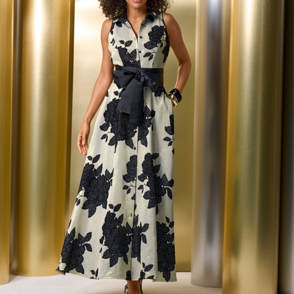 Boston Proper Black and Gold Floral Dress